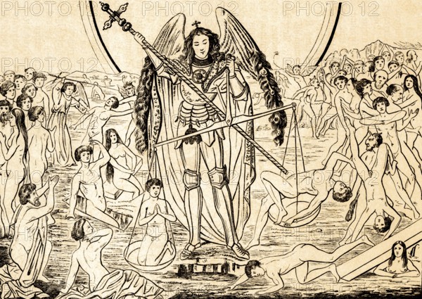 The Last Judgement by Hans Memling, Gdansk World Judgement (c. 1470), Renaissance, St John's Apocalypse, horror scenes, lower half of the centre panel, Christian symbolism, painter, artist, justice, horror, horror, chaos, scary, nudity, knight, sword, wings, National Museum Gdansk, Gdansk, Poland, historical illustration 1869