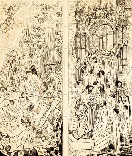 The Last Judgement by Hans Memling, both wings of the Gdansk World Judgement (c. 1470), Renaissance, St John's Apocalypse, horror scenes Lower half of the centre panel, Christian symbolism, painter, artist, justice, righteousness, horror, chaos, scary, nudity, angel, heaven, Tor tor, gate, welcome, welcome, kingdom of God, National Museum Gdansk, Gdansk, Poland, historical illustration 1869