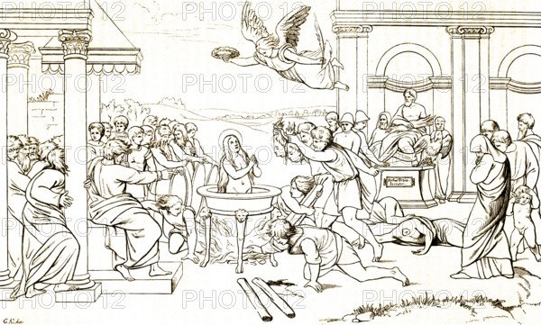 Martyrdom of St. Felicitas, 2nd century, victim of Christian persecution, catholic faith, patron saint, religion, public, fire, kettle, killing, floating angel, after Raphael, Rome, Italy, historical illustration 1869