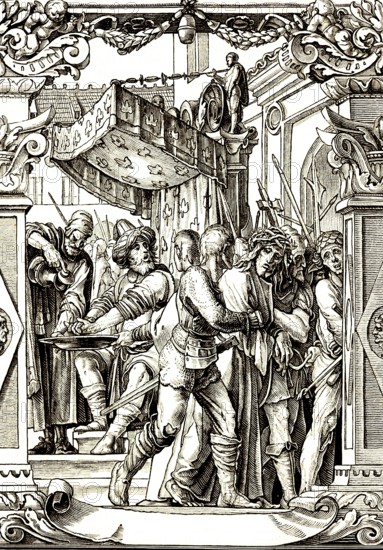 Pilate's handwashing, after Holbein, Roman governor Pontius Pilate, soldiers take Christ into captivity, rejection and condemnation of Jesus Christ, cleansing, apostolic creed, water basin, water jug, watering, origin of the proverb, washing hands in innocence, Bible Matthew 27, 24, historical illustration 1869