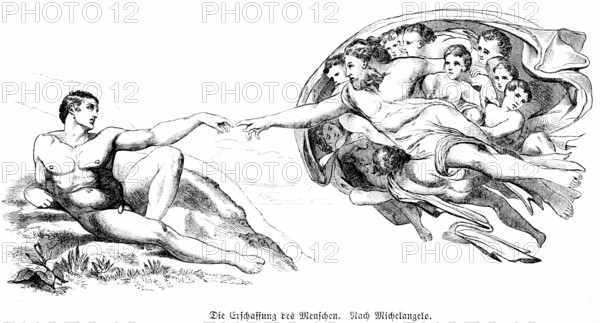 Creation of Adam, after Michelangelo Buonarroti (1475-1564) Italian painter of the High Renaissance, Bible, creation story, first man, ceiling fresco, Sistine Chapel, Apostolic Palace, Rome, famous painting, Vatican, historical illustration 1869