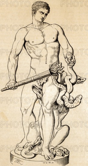 Statue of Heracles or Hercules, killing the nine-headed hydra, hero of Greek mythology, burning torch, burning, mythical animal, snake, kill, nine heads, historical illustration 1869
