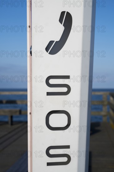 Emergency call station on the pier, SOS, Binz, detail, seaside resort, Rügen island, Mecklenburg-Western Pomerania, Germany