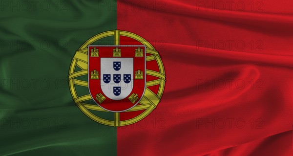 Flag of Portugal with fabric textured background. Close up of National flag of Portugal with realistic texture