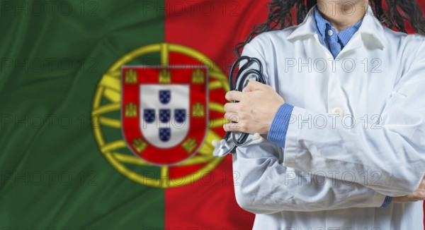Healthcare professional with Portugal flag background. Professional doctor holding stethoscope on Portugal flag background