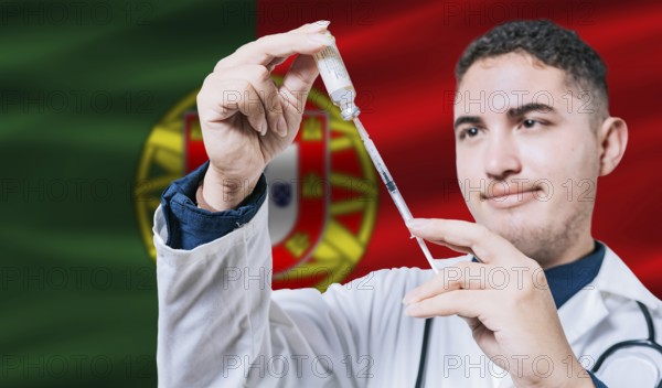 Doctor holding syringe on Portugal flag background. Medical professional holding syringe with Portuguese flag in the background
