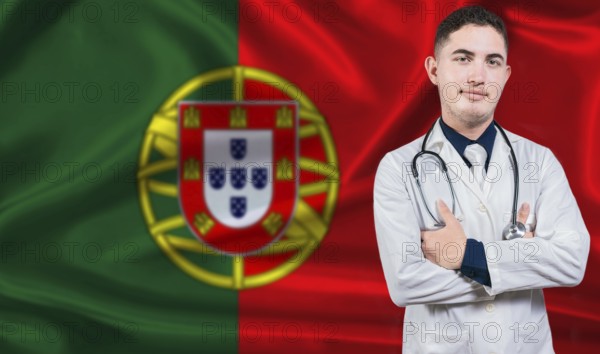 Portrait of medical professional on Portugal flag background. Portuguese national health system