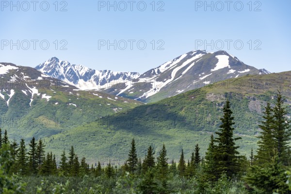 Mountain peak with snow, Alaska Range, Richardson Highway, Alaska, USA