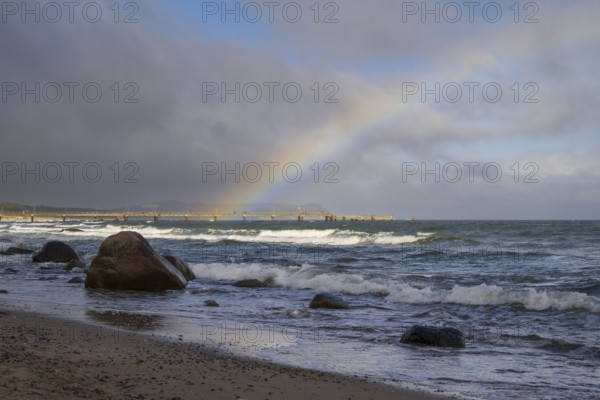 Rainbow over the Baltic Sea, pier behind, Baltic resort Göhren, Baltic Sea, Rügen island, Mecklenburg-Western Pomerania, Germany