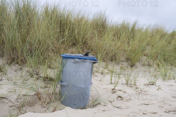 Single trash can on sandy beach in front of dune with oats, Baltic resort Göhren, Baltic Sea, Rügen island, Mecklenburg-Western Pomerania, Germany
