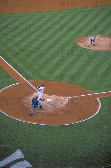 Thrower and batter, pitcher and batter at the baseball game at Yankee Stadium, existed from 1923 to 2008, then demolished, Bronx, New York City, USA, historical recording from 1986