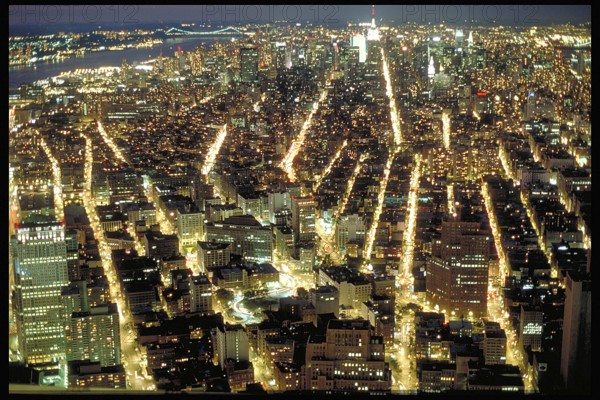 View from the World Trade Center, uptown at night, September 1986, New York City, USA