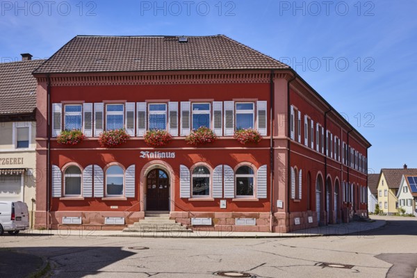 Grafenhausen Town Hall, façade with windows, shutters and cellar hatches, stairway, flower boxes, commercial buildings, general architecture, streets, blue sky, cloudless, confluence of main street in Kirchstraße, Grafenhausen district, Kappel-Grafenhausen, Black Forest, Ortenaukreis, Baden-Württemberg, Germany