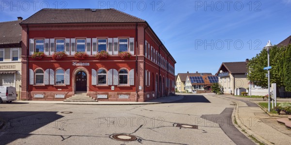 Grafenhausen Town Hall, façade with windows, shutters and cellar hatches, stairway, flower boxes, commercial buildings, general architecture, roads, sidewalk, trees, blue sky, cloudless, confluence of main street in Kirchstraße, Grafenhausen district, Kappel-Grafenhausen, Black Forest, Ortenaukreis, Baden-Württemberg, Germany