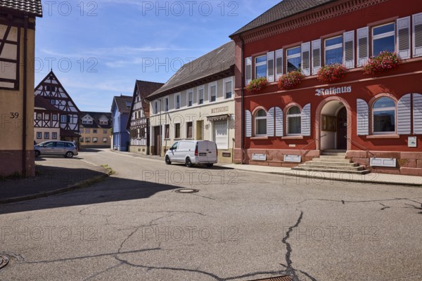 Grafenhausen Town Hall, façade with windows, shutters and cellar hatches, stairway, flower boxes, general architecture, commercial buildings, half-timbered houses, buildings, residential buildings, lantern, car, pickup truck, blue sky, cirrus clouds, street main street, Grafenhausen district, Kappel-Grafenhausen, Black Forest, Ortenaukreis, Baden-Württemberg, Germany