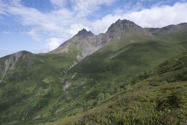 View of mountain peaks on Twin Peaks Trail, Eklutna Lake, Chugach Mountains, Chugach State Park, Alaska, USA