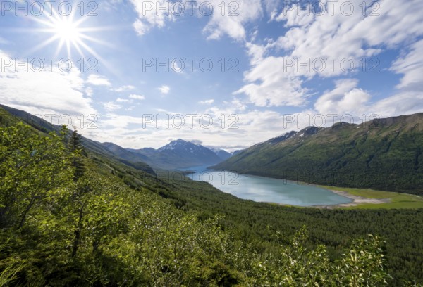 View of blue lake and mountains on Twin Peaks Trail, Sun Star, Eklutna Lake, Chugach Mountains, Chugach State Park, Alaska, USA