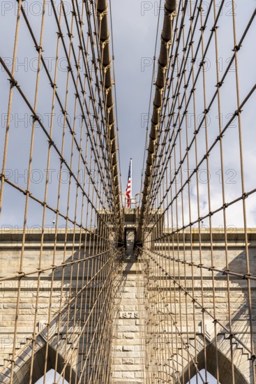 Brooklyn Bridge tower and cables, Brooklyn Bridge, New York, USA