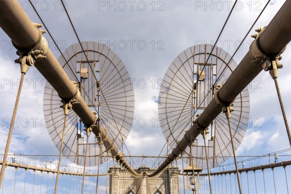 Brooklyn Bridge tower and cables, Brooklyn Bridge, New York, USA