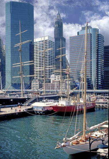 Seaport, the Financial District in the back, New York City, USA