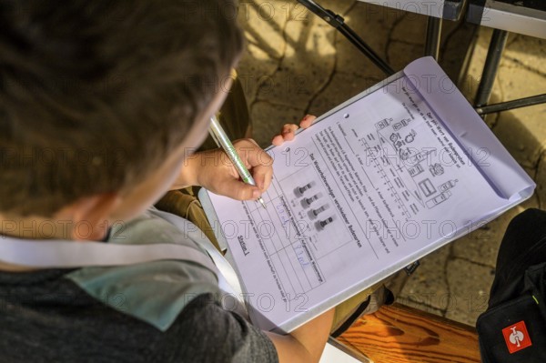 Child concentrates on a worksheet while writing, table and sunlight in the background, event for schoolchildren of the campaign Create transparency, Osnabrücker Land, Lower Saxony, Germany