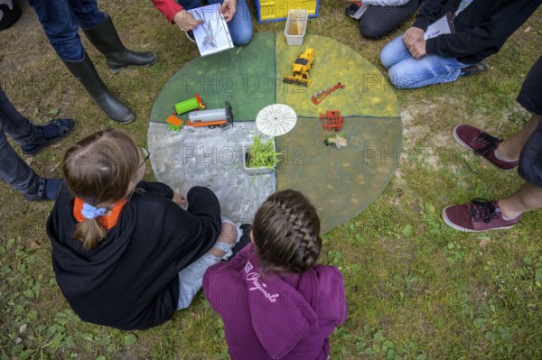 Children look at an agricultural model on the ground in a garden area, event for schoolchildren of the Aktion Transparenz schaffen, Osnabrücker Land, Lower Saxony, Germany
