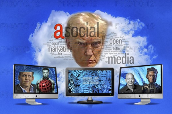 Symbolic image, Trump and Silicon Valley tech companies, subservience, anti-social networks, X-Twitter, Elon Musk, TikTok, fake news, freedom, individuality, group, Donald Trump, revenge, humanity, press freedom, journalism, journalists, politics, dissenters, fundamental and civil rights, constitution, against autocracy, democracy, form of government, freedom of speech, future, security, dictatorship, oppression, arbitrariness, attack on dissenters, open life, Germany, Europe, USA, world