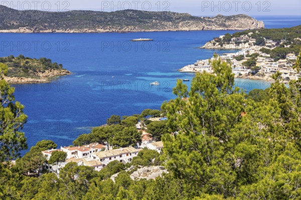 Scenics view of a coastal village on the coast at Mediterranean Sea, Sant Elm, Mallorca, Spain
