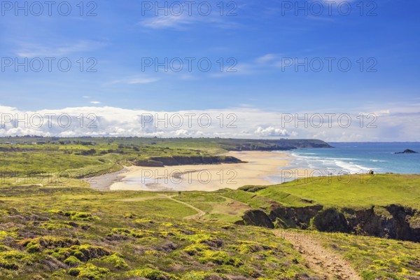 Scenics view at a natural sand beach from a flowering lush green moor with walking trails a sunny summer day, Plage de Lostmarc'h, Crozon peninsula, Bretagne, France