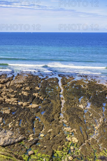 Rocky seashore in low tide with a seascape view to the horizon on a sunny summer day, Crozon peninsula, Bretagne, France