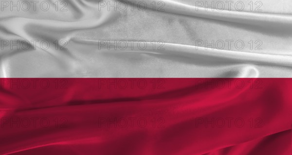 Flag of Poland with fabric textured background. Close up of National flag of Poland with realistic texture