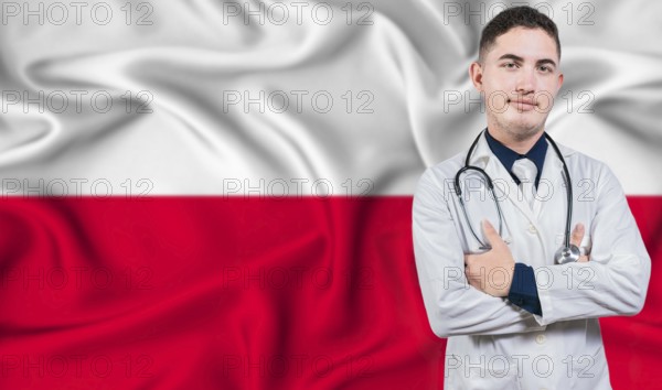 Portrait of medical professional on Poland flag background. Polish national health system