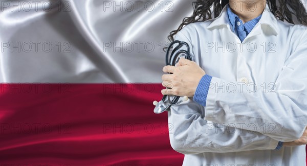 Healthcare professional with Poland flag background. Professional doctor holding stethoscope on Poland flag background
