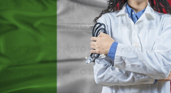 Healthcare professional with Italy flag background. Professional doctor holding stethoscope on Italy flag background