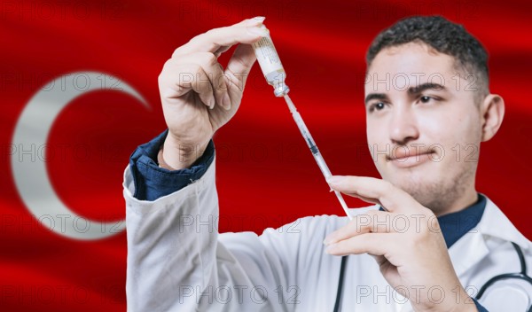 Doctor holding syringe on Turkey flag background. Medical professional holding syringe with Turkish flag in the background