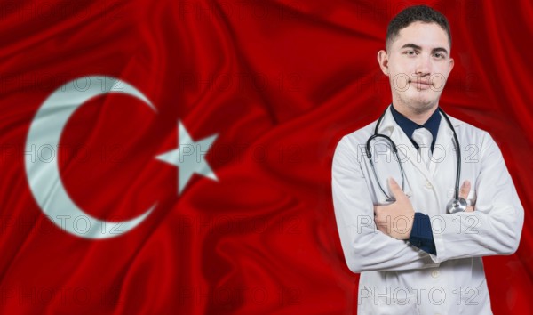 Portrait of medical professional on Turkey flag background. Turkish national health system