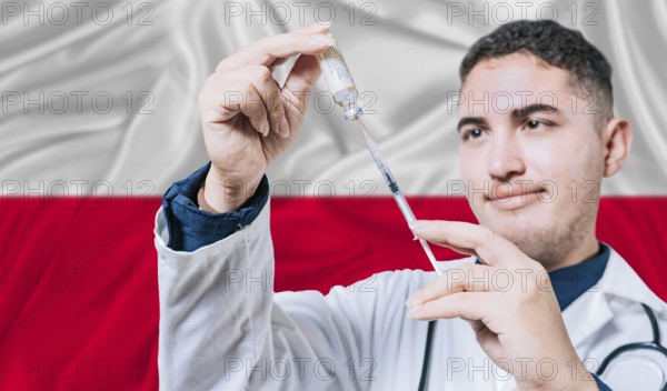 Doctor holding syringe on Poland flag background. Medical professional holding syringe with Polish flag in the background