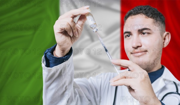 Doctor holding syringe on Italy flag background. Medical professional holding syringe with Italian flag in the background