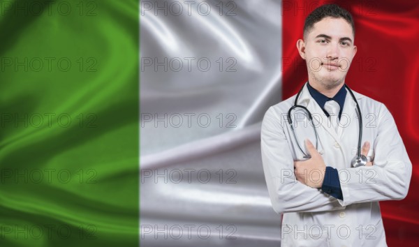 Portrait of medical professional on Italy flag background. Italian national health system