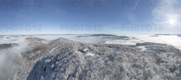 Aerial view of snowy stone walls with shelter and fog in the valley, Schwarzensee, Weissenbach an der Triesting, Lower Austria, Austria