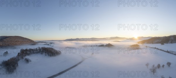 Aerial view of sunset and fog, Schwarzensee, Weissenbach an der Triesting, Lower Austria, Austria
