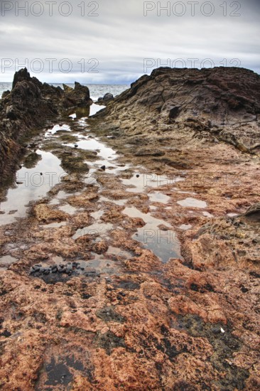 Close-up of rocky coastline with puddles, dramatic sky in background, Chargo Verde El Golfo Lanzarote