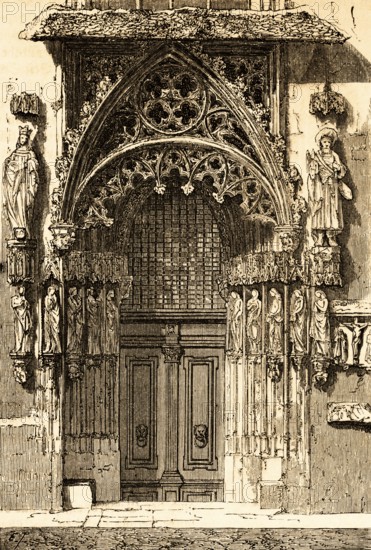 Bridal door of the church of St. Sebald, Gothic architecture, Lutheran town church, covered portal, place of marriage in the Middle Ages, wedding, statues, rich ornamentation, Nuremberg, Germany, historical illustration 1869