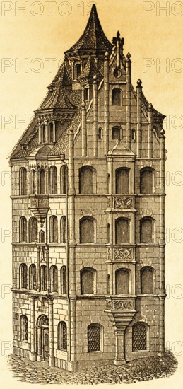 The Pottery House, architecture, several floors, gable, dormer, tower, Nuremberg, Germany, historical illustration 1869