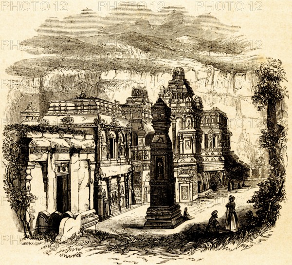 The Hindu Kailasa Temple of Ellora, or Kailash Temple, Rock Temple, Temple Complex, People, State of Maharashtra, India, historical illustration 1869