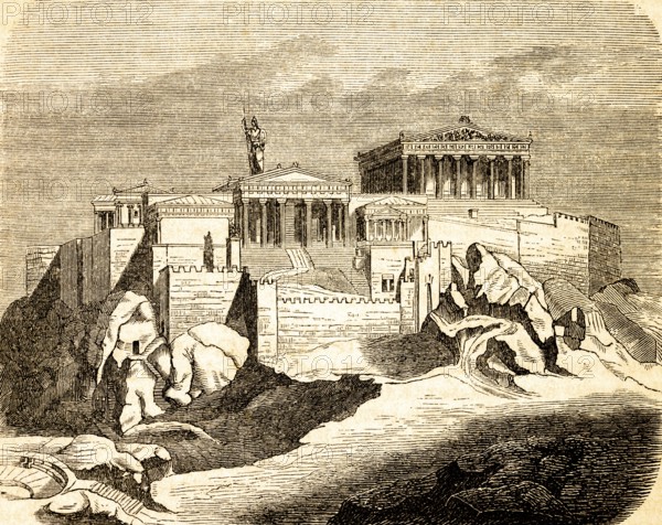 Acropolis, restored view, architecture, temple complex, rock hill, fortress, walls, statue, Athens, Greece, historical illustration 1869