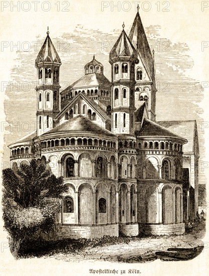 Roman Catholic Apostle Church in Cologne, minor basilica, Romanesque architecture, medieval three-cone choir, double towers, historical illustration 1869