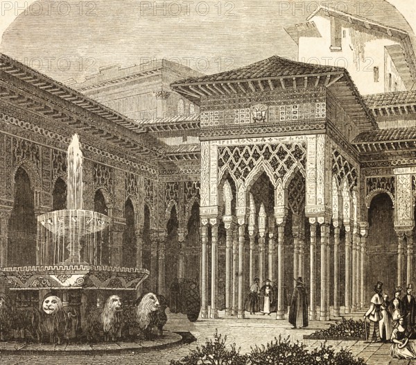 Partial view of the lion courtyard of the Alhambra, Granada, architecture, fountain complex, lion heads, people, columns, oriental patterns, Andalusia, Spain, historical illustration 1869