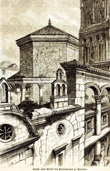 View of part of the imperial castle in Spalato, Diocletian's Palace in the city center, today Split, Croatia, historical illustration 1869