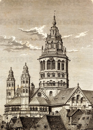 Mainz Cathedral or Hohe Dom St. Martin zu Mainz, cathedral, episcopal church, architecture, Romanesque, Gothic and Baroque elements, two stair towers, tower clock, nave, historical illustration 1869